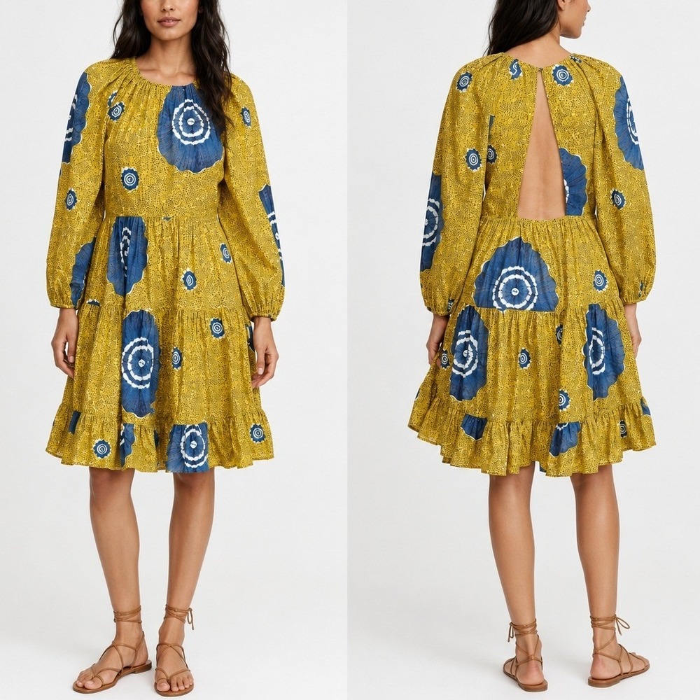 Ulla Johnson Emelyn Dress Lime Yellow Blue Puff Sleeve Open Back Midi 0 Boho